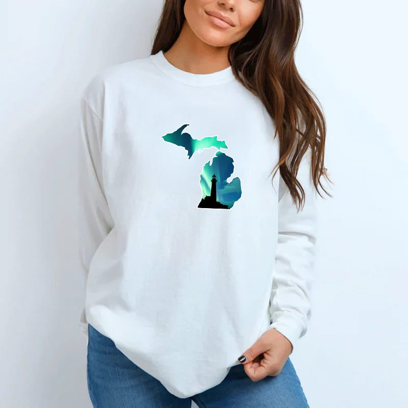 "Northern Lights Lighthouse" Relaxed Fit Long Sleeve Unisex T-Shirt